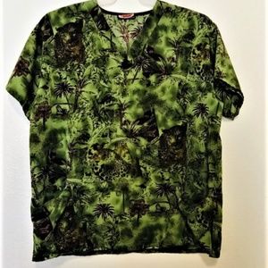Women's Silky Scrubs Green Jungle Print Top L